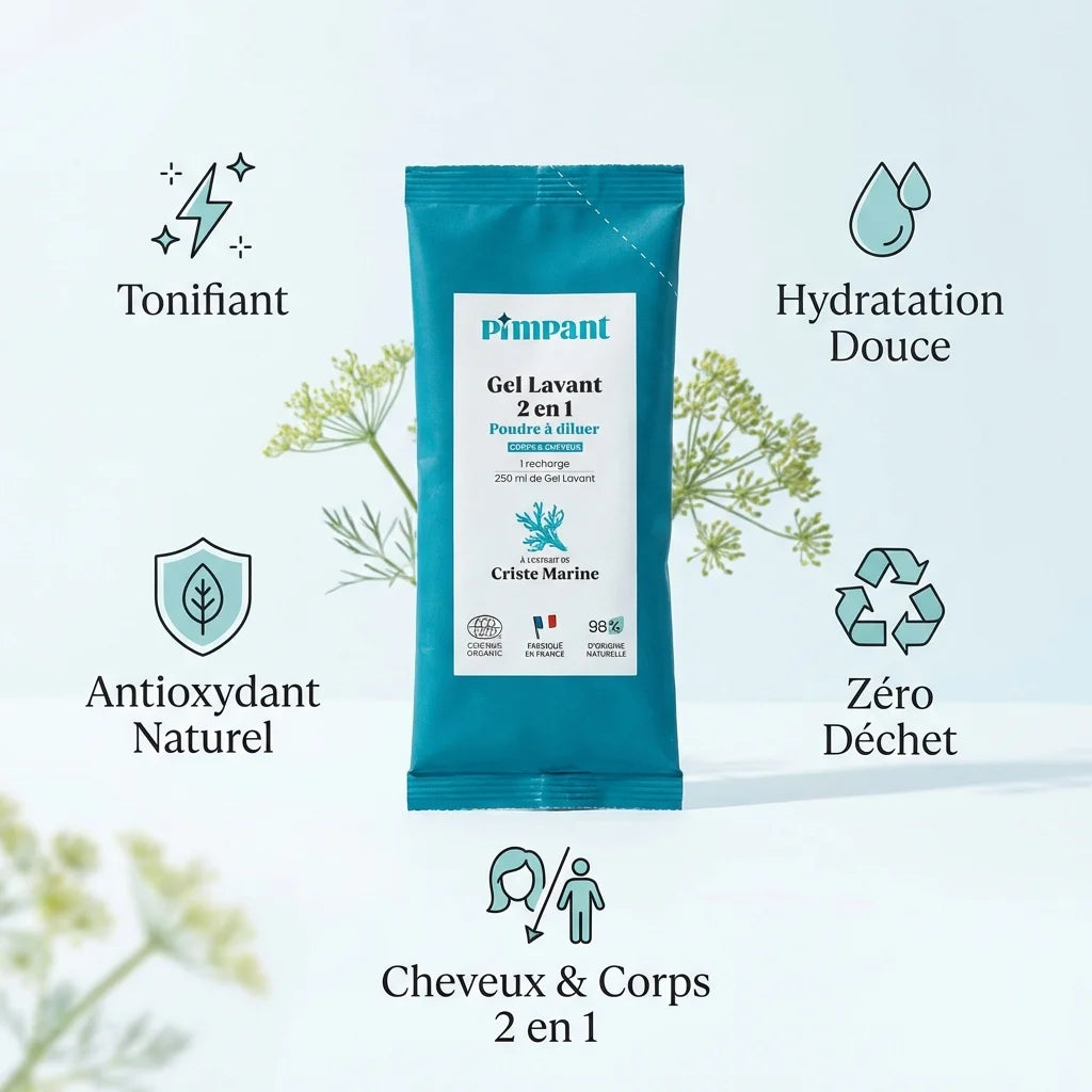 Recharge gel douche 2 en 1 Criste Marine Pimpant - emballage turquoise avec bénéfices