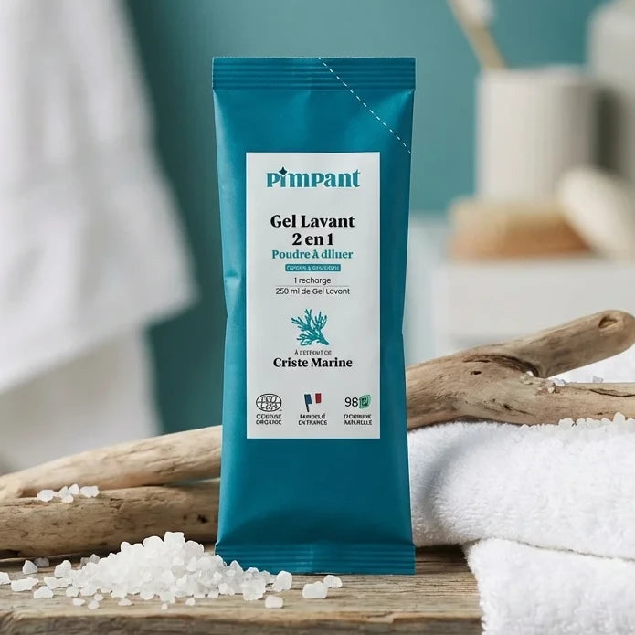Recharge gel douche 2 en 1 Criste Marine Pimpant sur étagère salle de bain