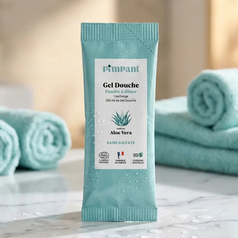 Recharge gel douche Aloe Vera Pimpant à diluer, packaging écologique sur marbre blanc