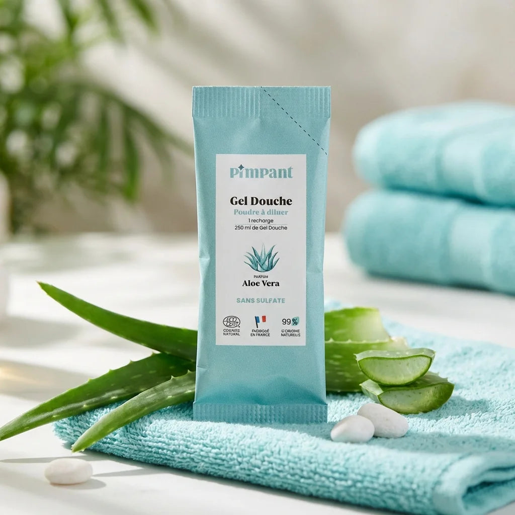 Recharge gel douche Aloe Vera Pimpant avec feuilles fraîches et serviettes spa
