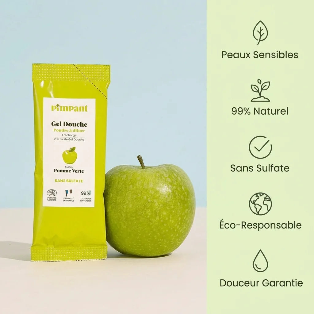 Gel douche Pimpant Pomme Verte recharge à diluer avec pomme verte, avantages naturels et éco-responsables