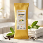 Recharge gel douche Vanille Gourmande Pimpant sur marbre avec éléments naturels