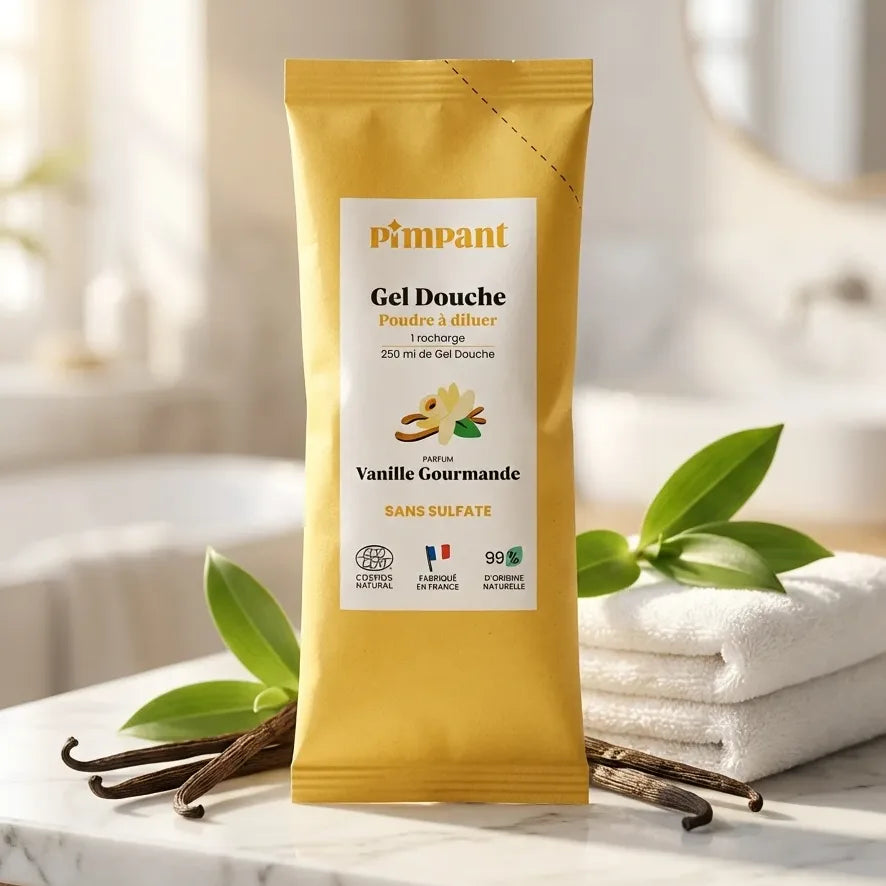 Recharge gel douche Vanille Gourmande Pimpant sur marbre avec éléments naturels