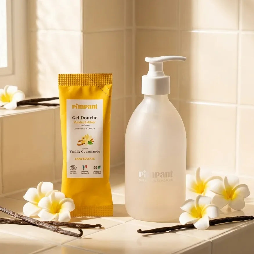 Recharge gel douche vanille Pimpant à diluer avec flacon réutilisable et pods vanille