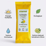 Recharge gel douche Pimpant Verveine Citron avec icônes bénéfices écologiques et texture onctueuse