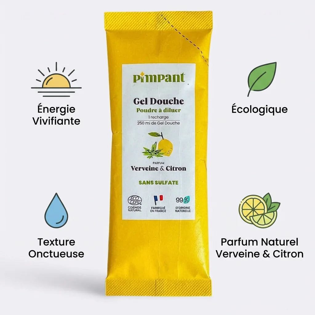 Recharge gel douche Pimpant Verveine Citron avec icônes bénéfices écologiques et texture onctueuse
