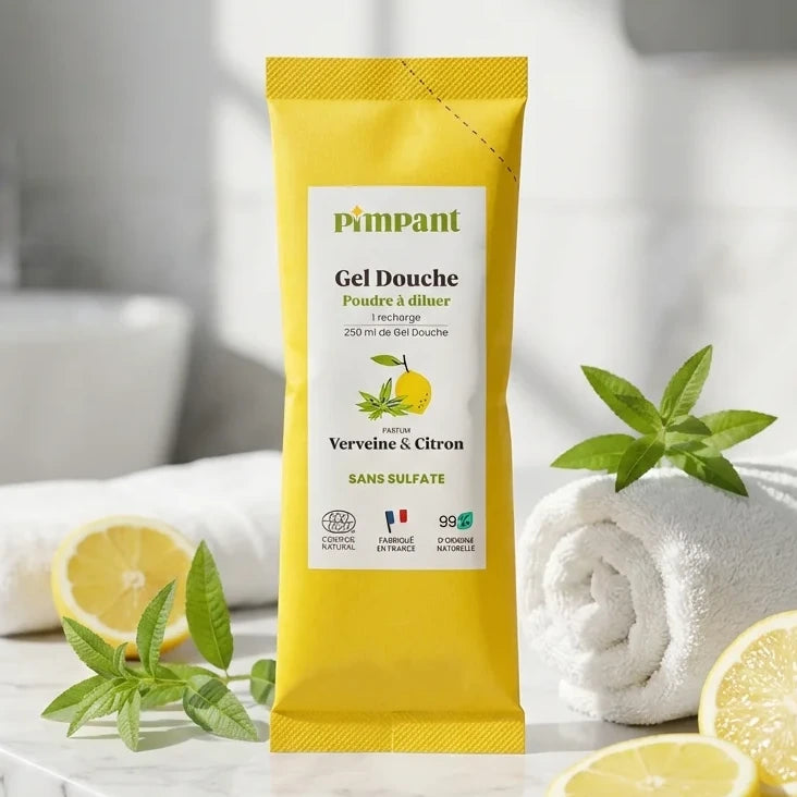 Recharge gel douche Verveine Citron Pimpant sur vanité avec citrons et feuilles vertes