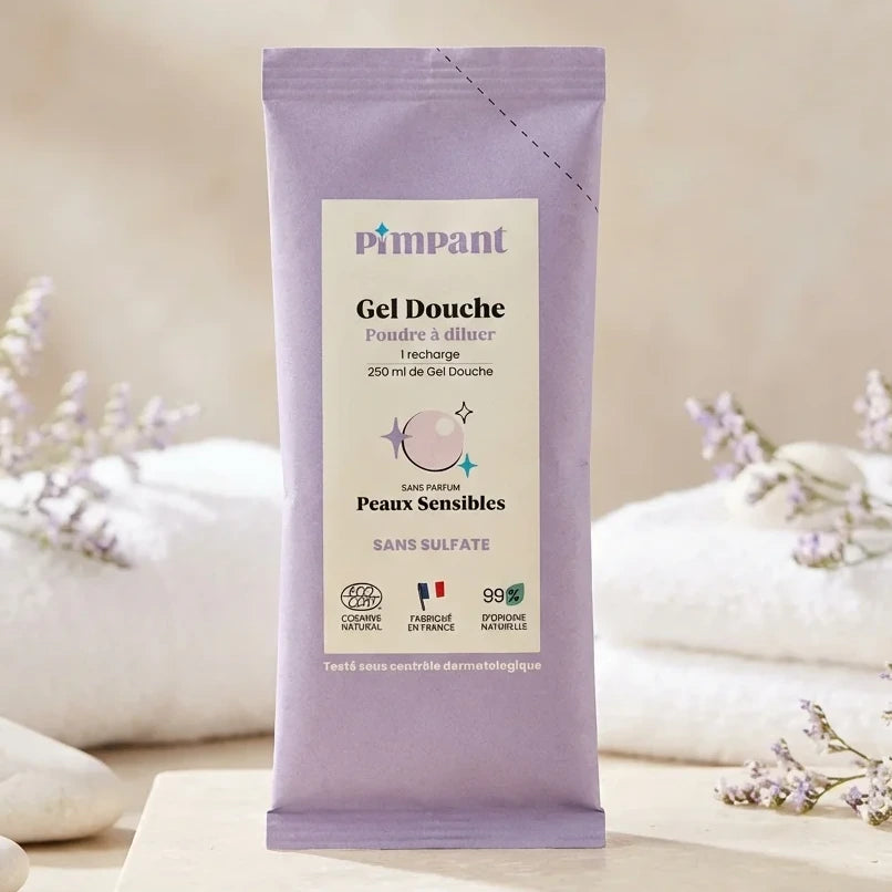 Recharge gel douche sans parfum Pimpant pour peaux sensibles sur vanité minimaliste