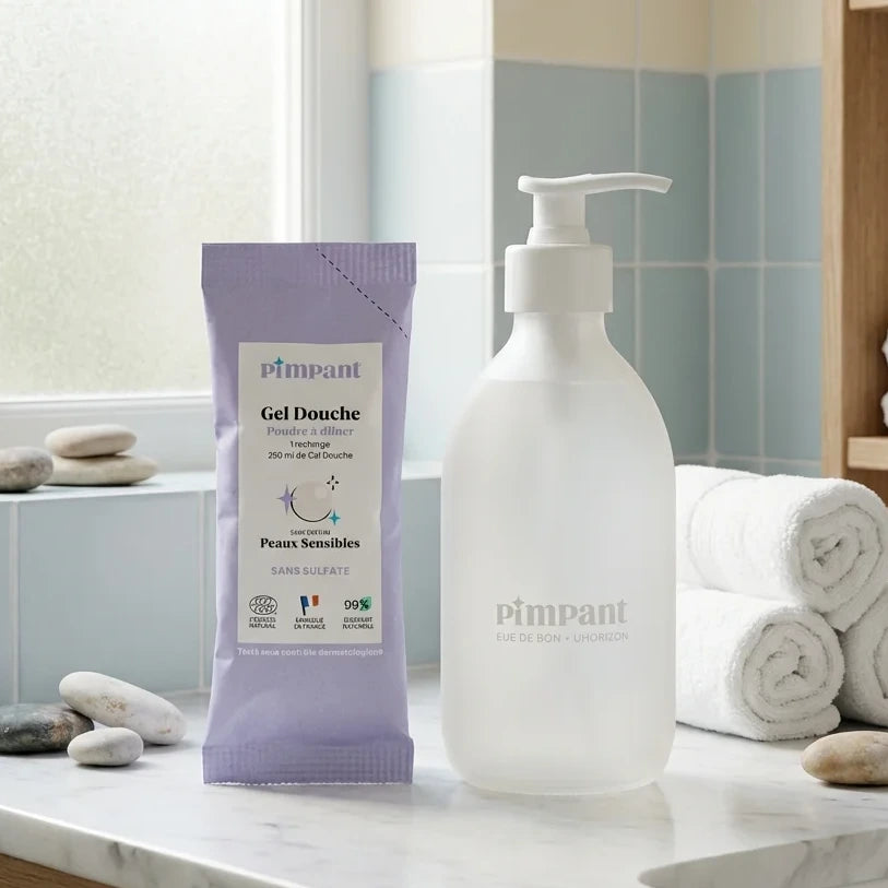 Recharge gel douche sans parfum Pimpant pour peaux sensibles en flacon et dosette