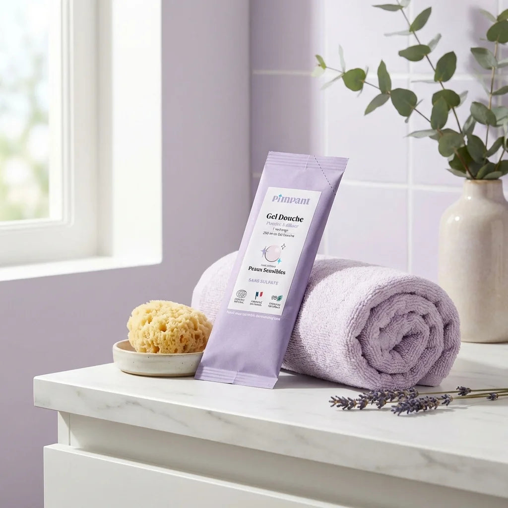 Recharge gel douche sans parfum Pimpant pour peaux sensibles sur meuble salle de bain