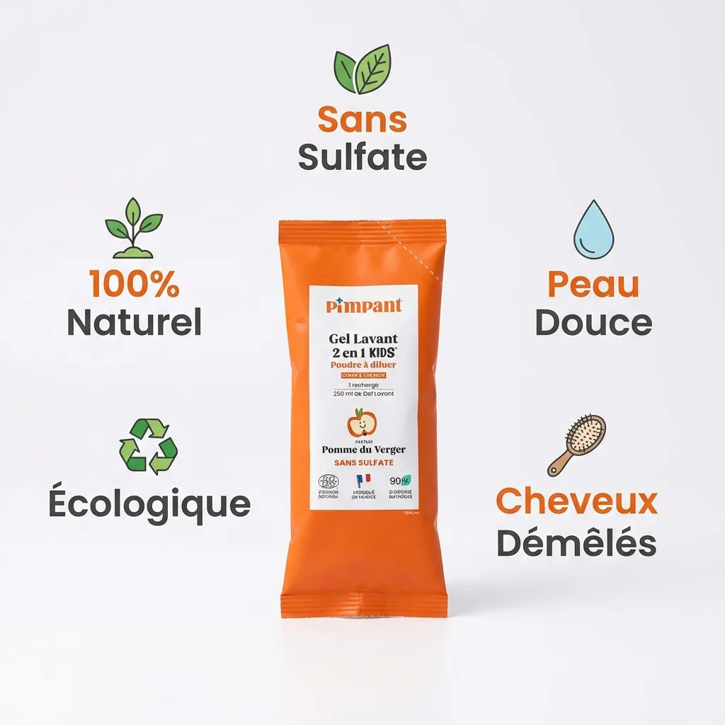 Gel lavant Kids 2 en 1 Pimpant Pomme du Verger avec infographie bénéfices naturels et écologiques
