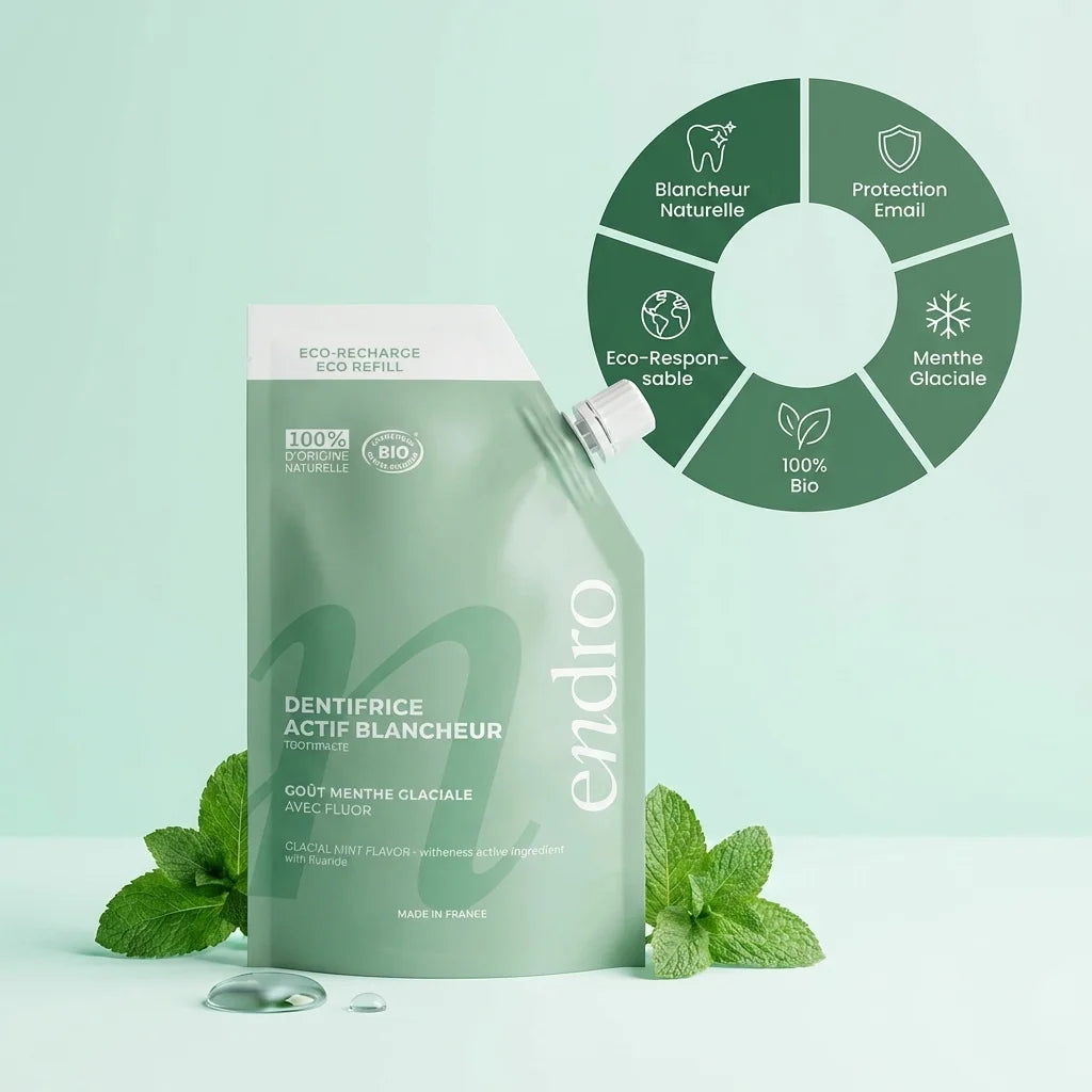 Recharge dentifrice blancheur menthe glaciale Endro bio avec infographie bénéfices et feuilles menthe