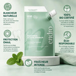 Dentifrice Endro Blancheur Menthe Glaciale 350g avec infographie des bénéfits bio et écologiques