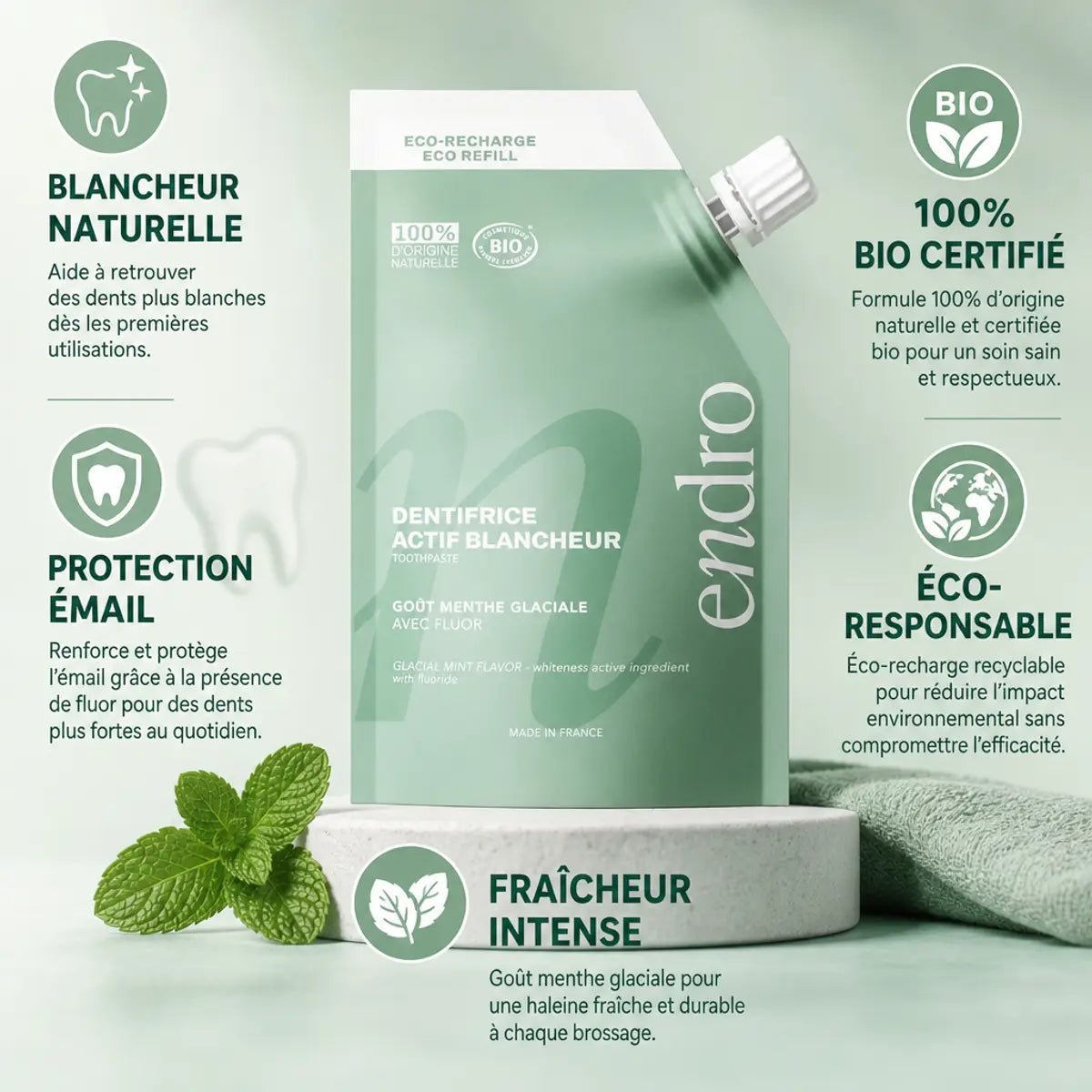 Dentifrice Endro Blancheur Menthe Glaciale 350g avec infographie des bénéfits bio et écologiques