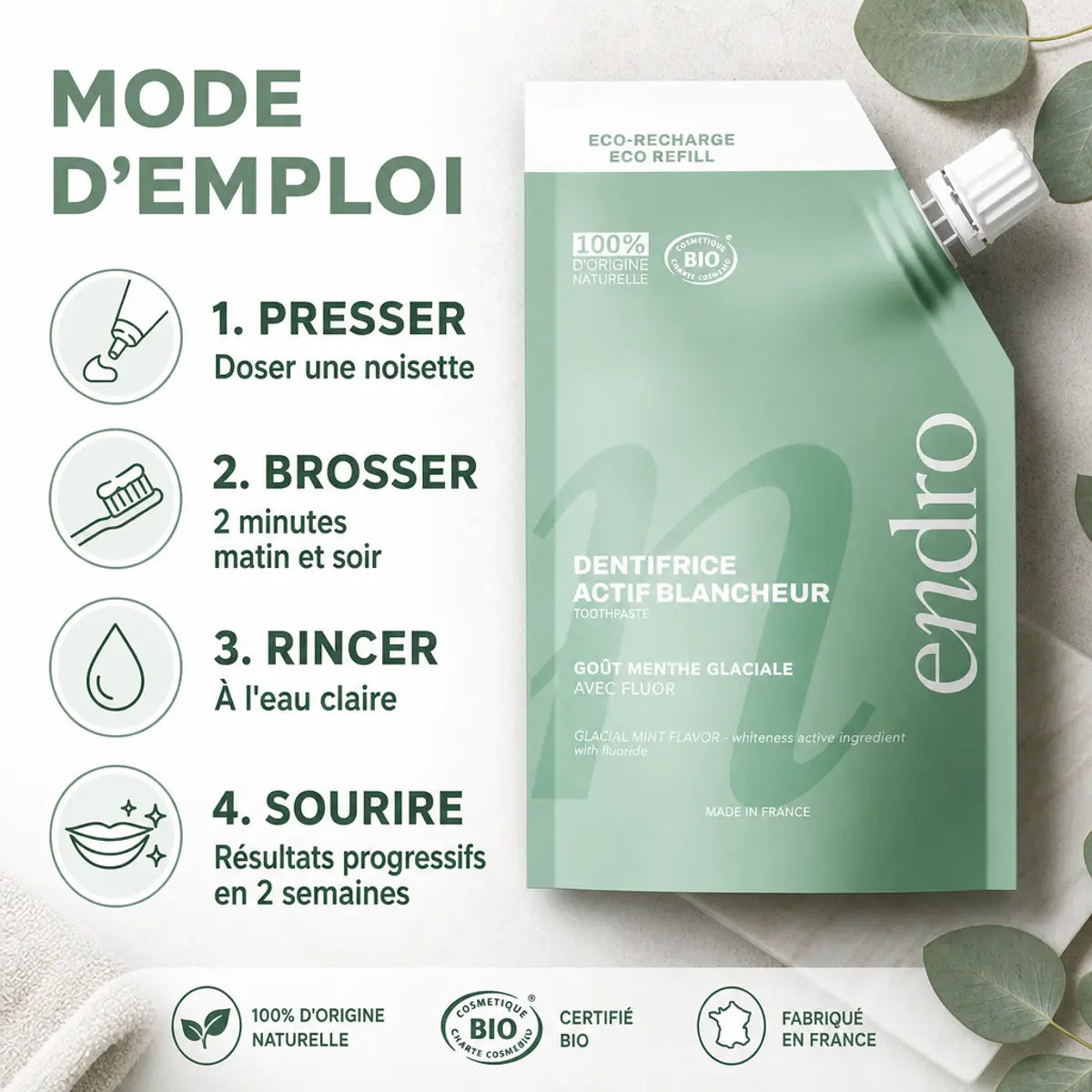 Dentifrice Endro Blancheur Menthe Glaciale 350g avec mode d'emploi et résultats en 2 semaines