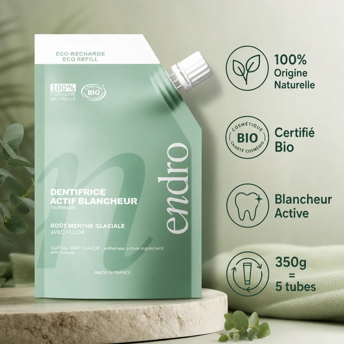 Recharge dentifrice Endro blancheur menthe glaciale 350g, certifié bio et naturel