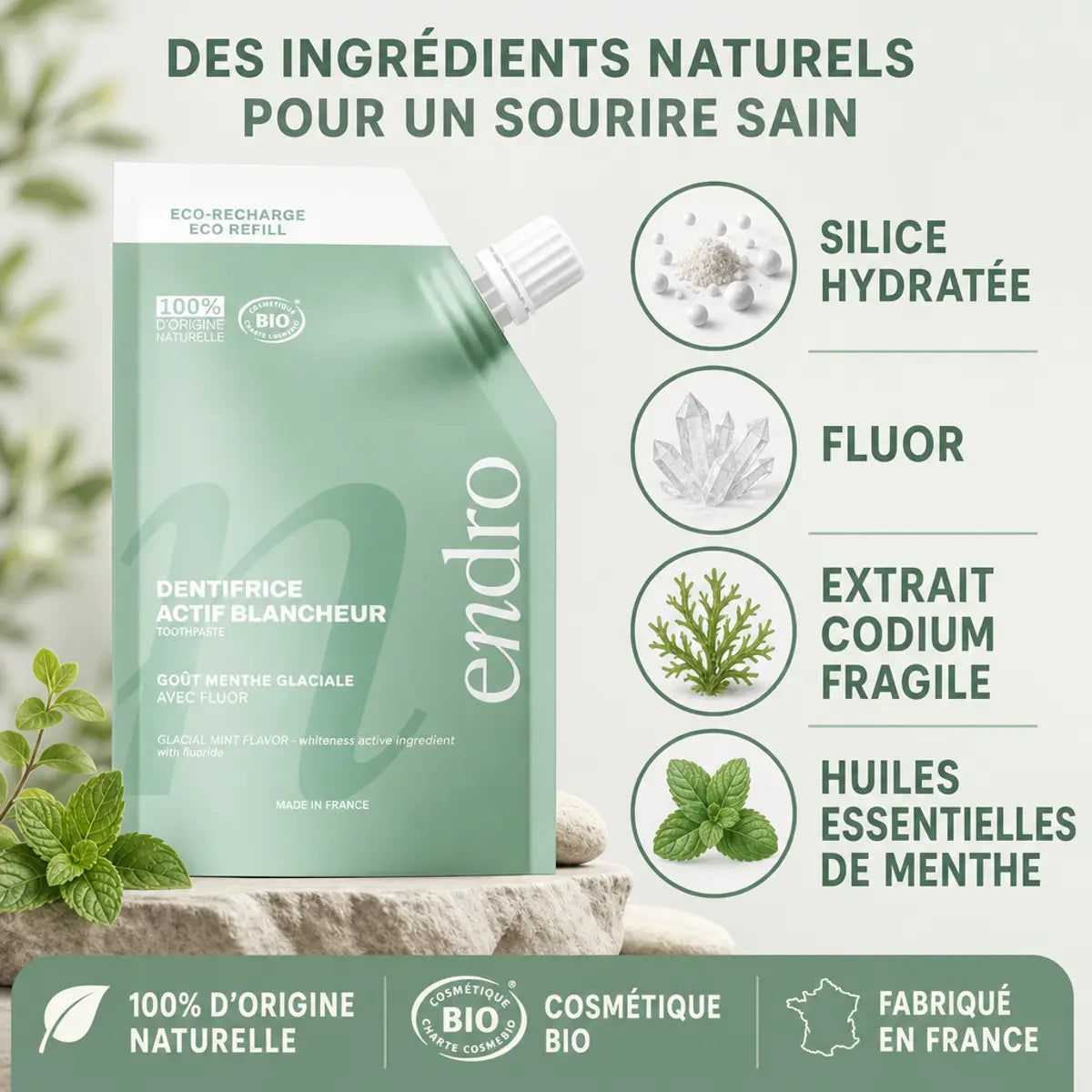 Recharge dentifrice blancheur menthe glaciale Endro 350g avec ingrédients naturels et silice hydratée
