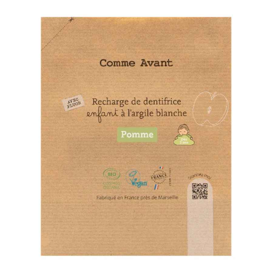 Une recharge de dentifrice enfant gout pomme à l’argile blanche de 180 ml de la marque Comme Avant