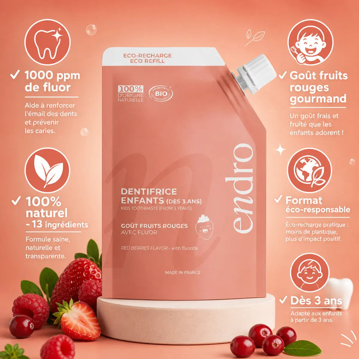 Endro dentifrice fruits rouges 350g recharge écologique avec bénéfices : fluor, naturel, dès 3 ans