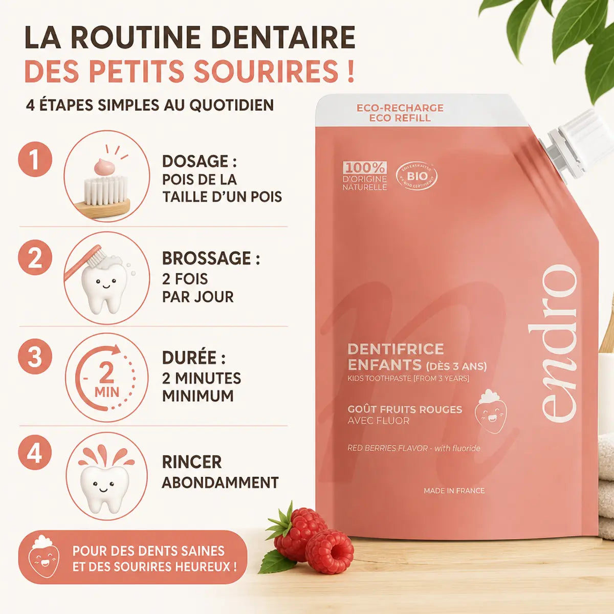 Recharge dentifrice fruits rouges Endro 350g avec guide d'utilisation enfants et instructions brossage dentaire