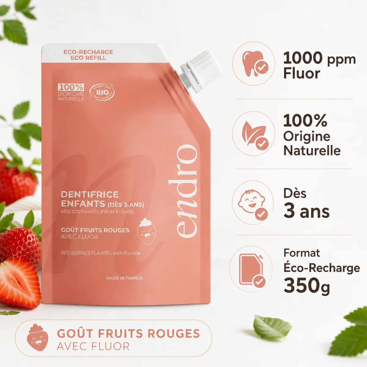 Recharge dentifrice fruits rouges 350g Endro avec fluor et origine naturelle pour enfants