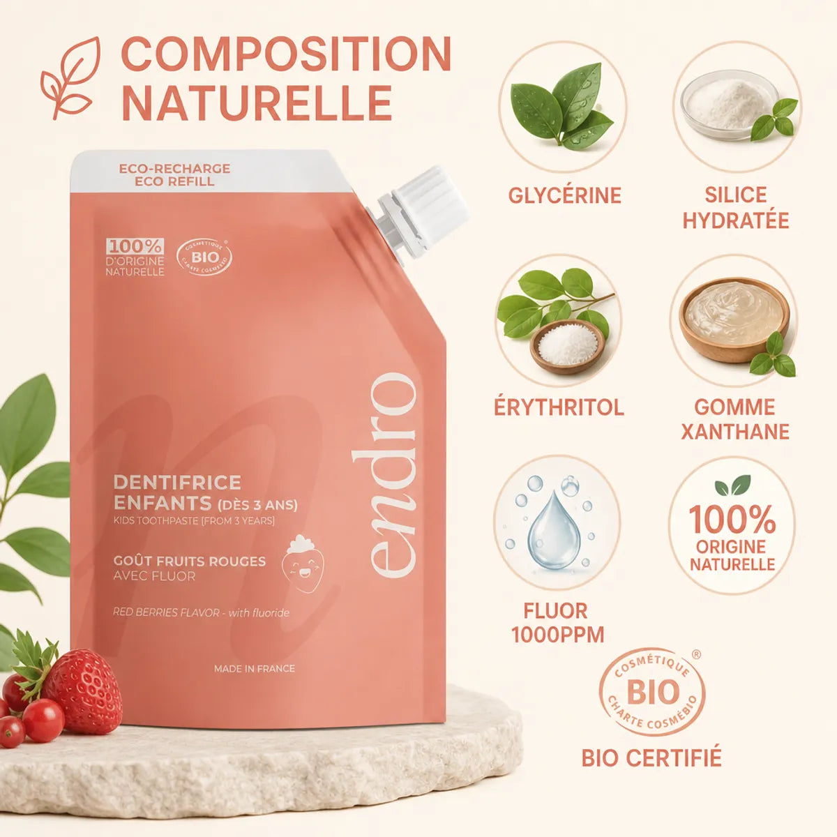 Recharge dentifrice fruits rouges Endro 350g avec composition naturelle et ingrédients certifiés bio