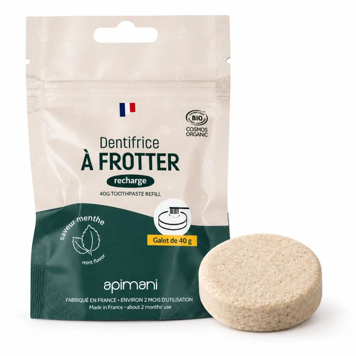Une recharge de dentifrice solide à frotter apimani