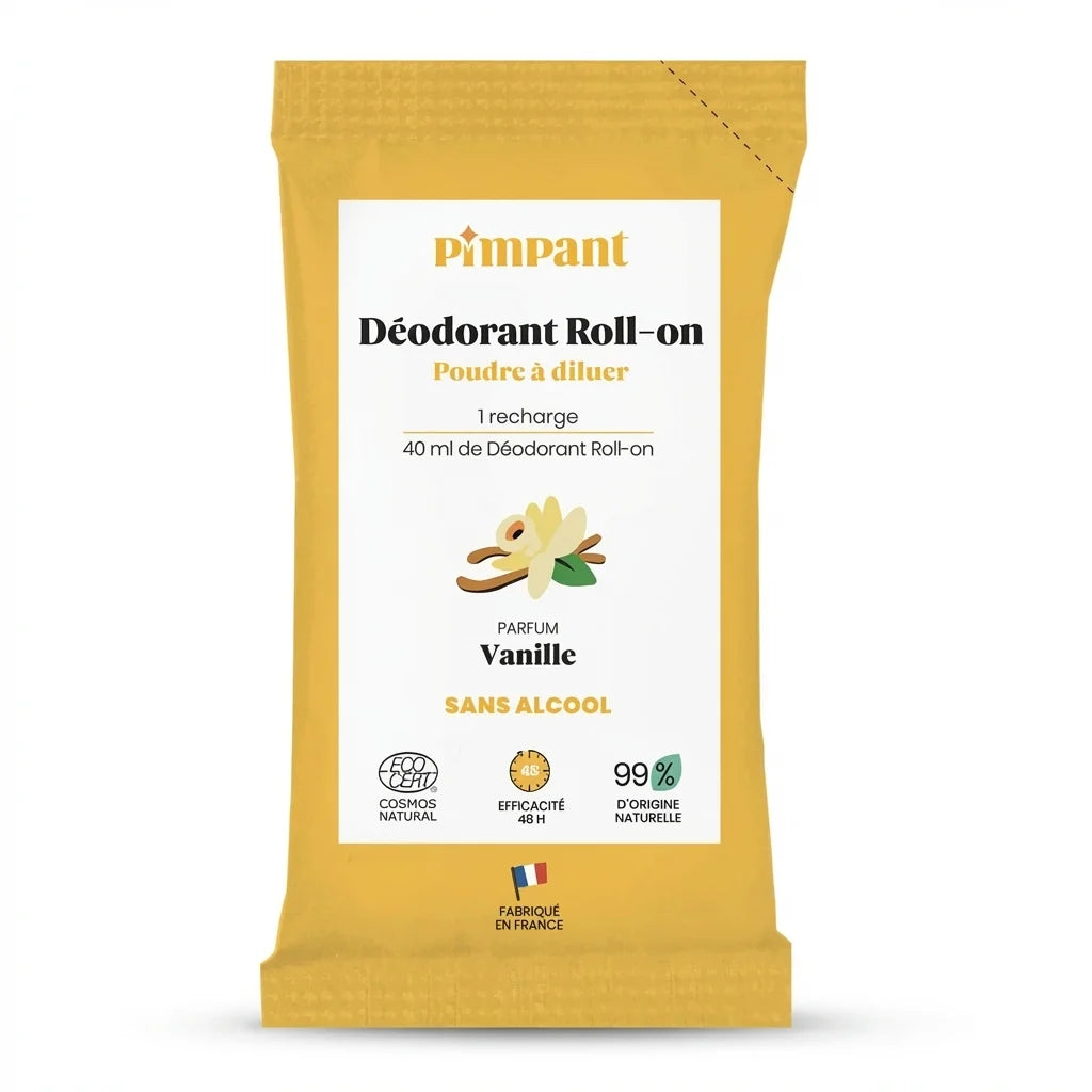 Recharge déodorant roll-on Pimpant vanille en packaging doré avec illustration fleur