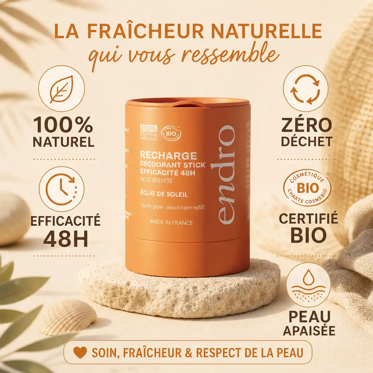 Recharge déodorant stick Éclat Soleil Endro naturel 48h zéro déchet