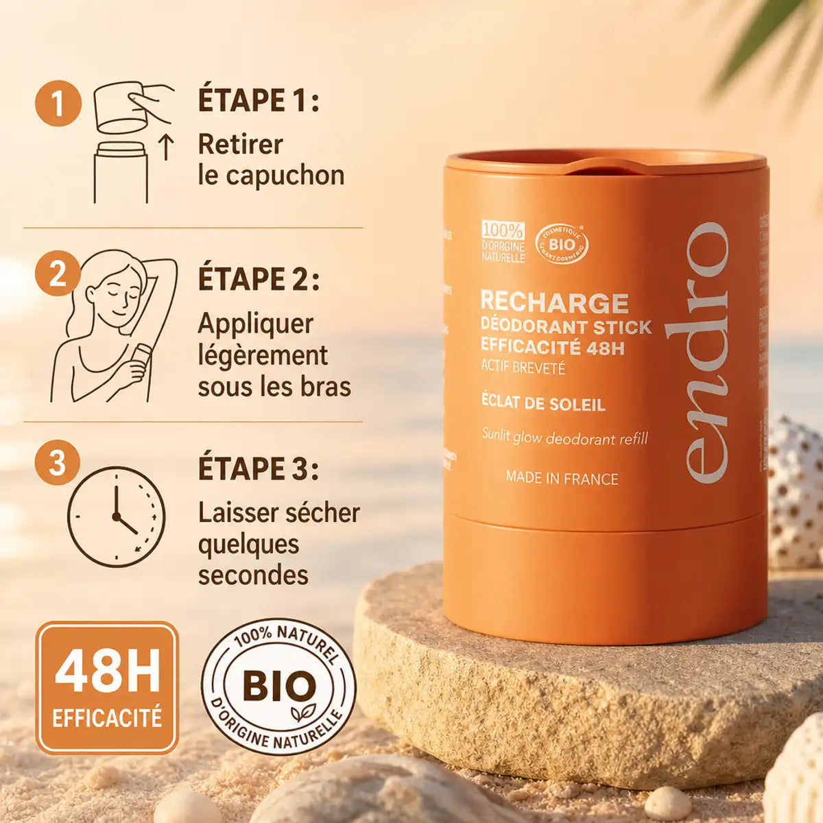 Recharge déodorant stick Éclat Soleil Endro efficacité 48h avec guide d'utilisation étapes