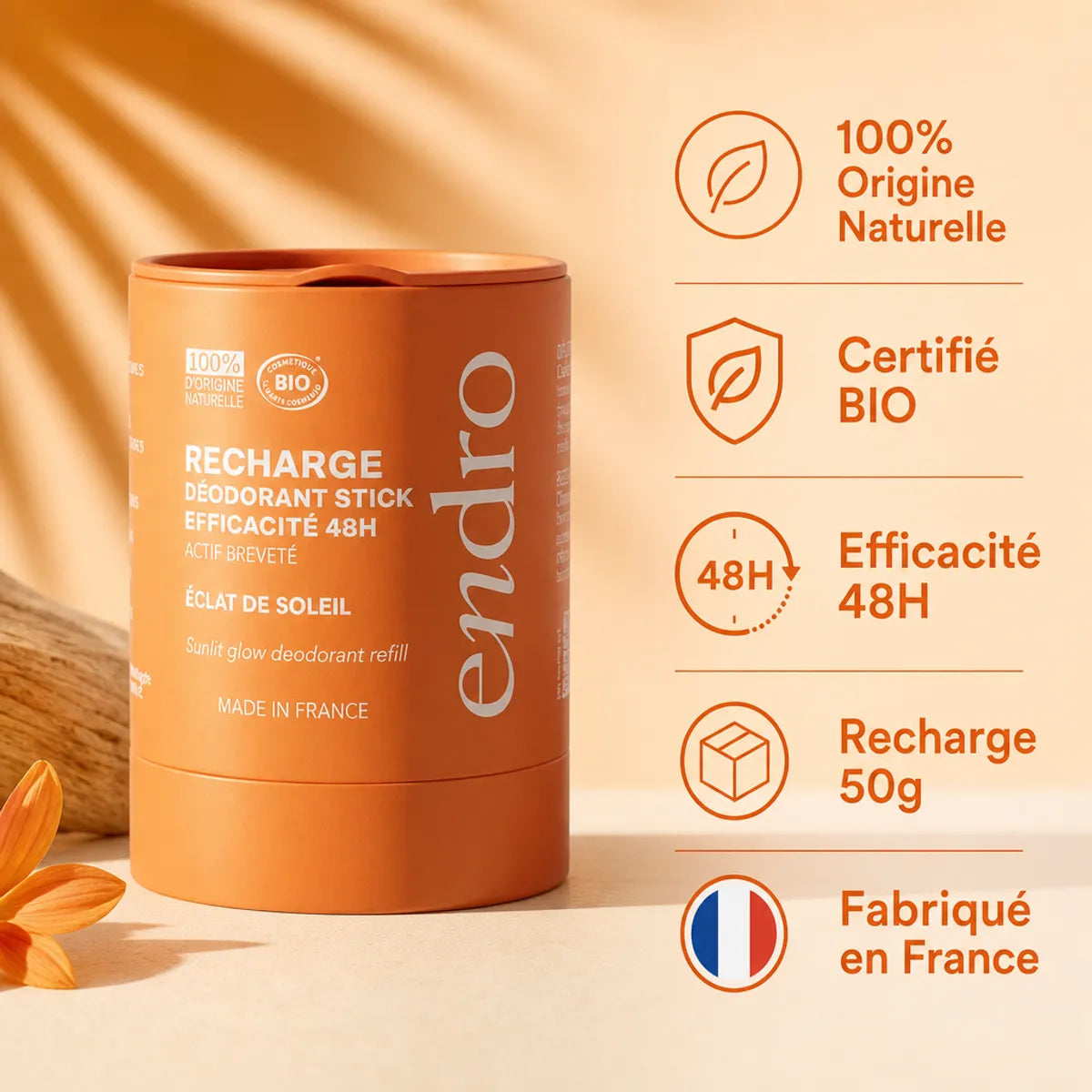 Déodorant Stick Éclat Soleil Endro recharge 50g bio naturel efficacité 48h
