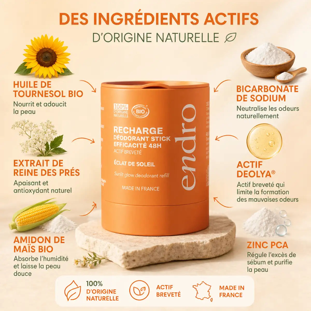 Recharge déodorant stick Éclat Soleil Endro avec ingrédients bio : huile tournesol, bicarbonate sodium, zinc PCA