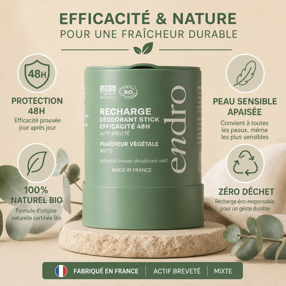 Recharge Déodorant Stick Endro Fraîcheur Végétale - 48H Protection, 100% Naturel Bio, Peau Sensible