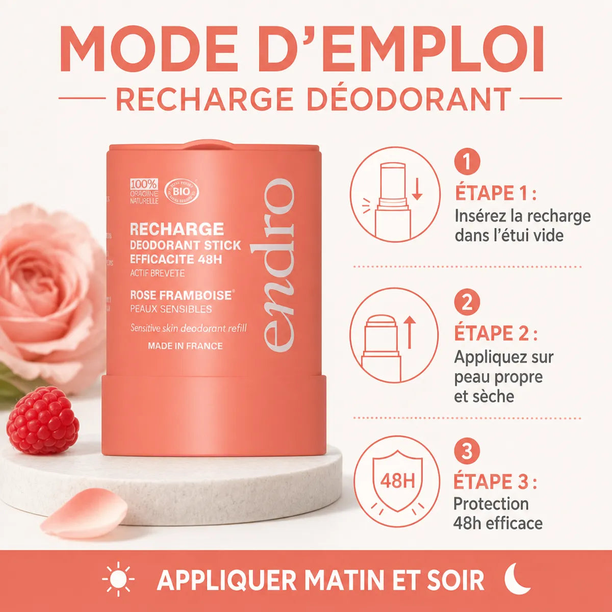 Recharge déodorant stick rose-framboise Endro avec guide d'utilisation 48h protection