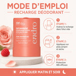 Recharge déodorant stick rose-framboise Endro avec guide d'utilisation 48h protection