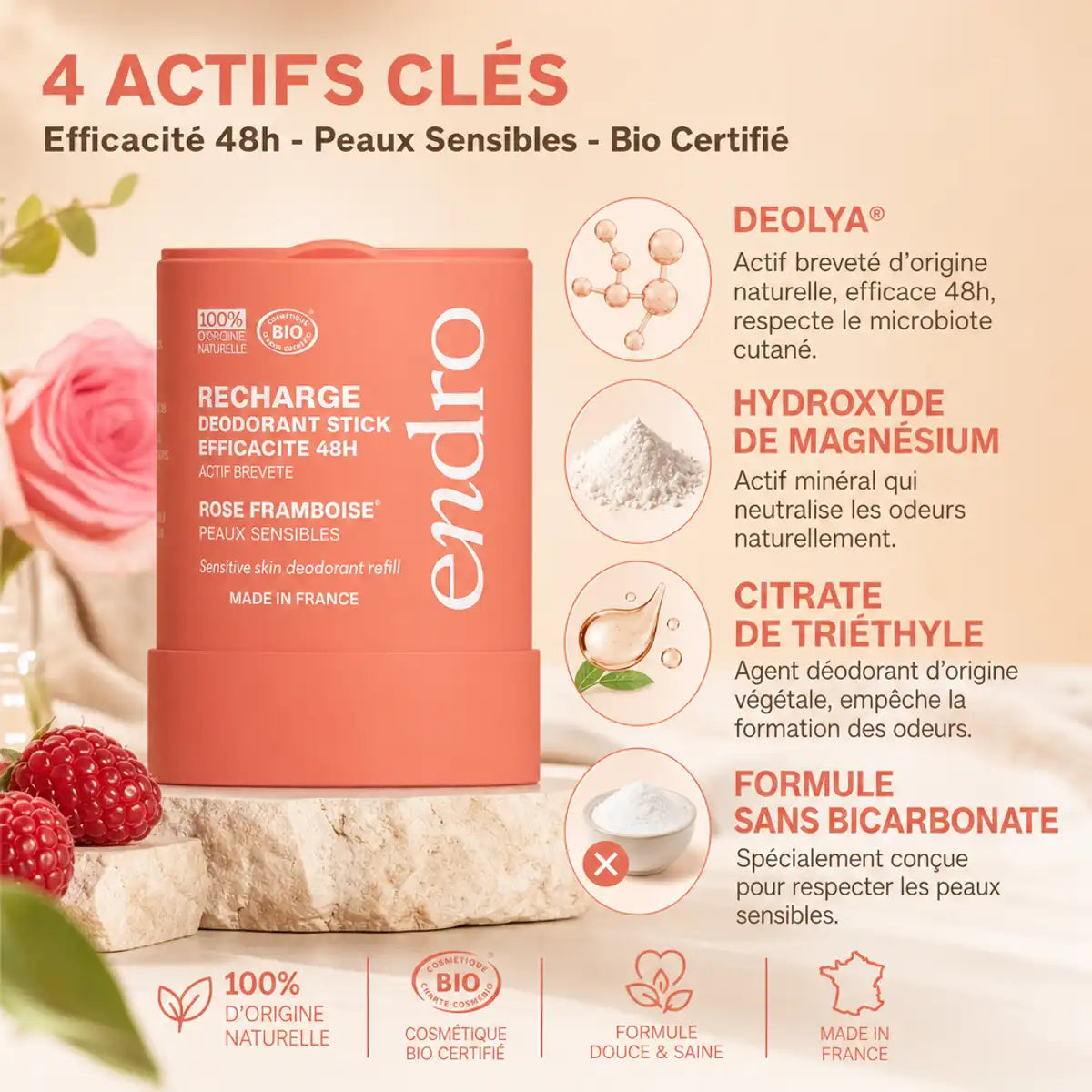 Recharge déodorant stick rose-framboise Endro avec ingrédients actifs et certifications bio