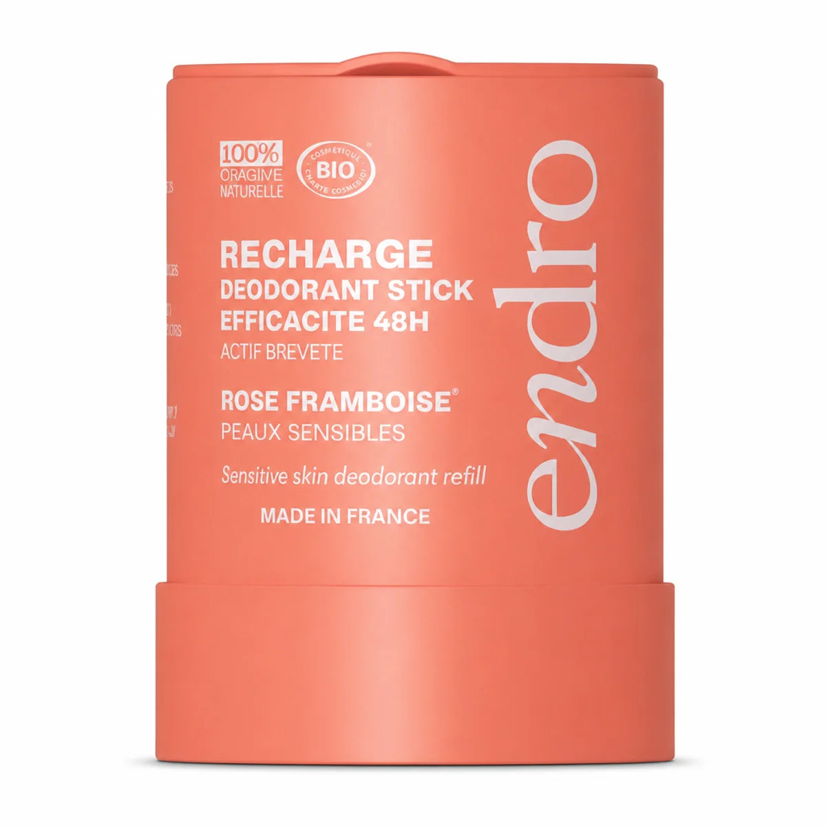 Recharge déodorant stick rose-framboise Endro en packaging coral-pink sur fond blanc