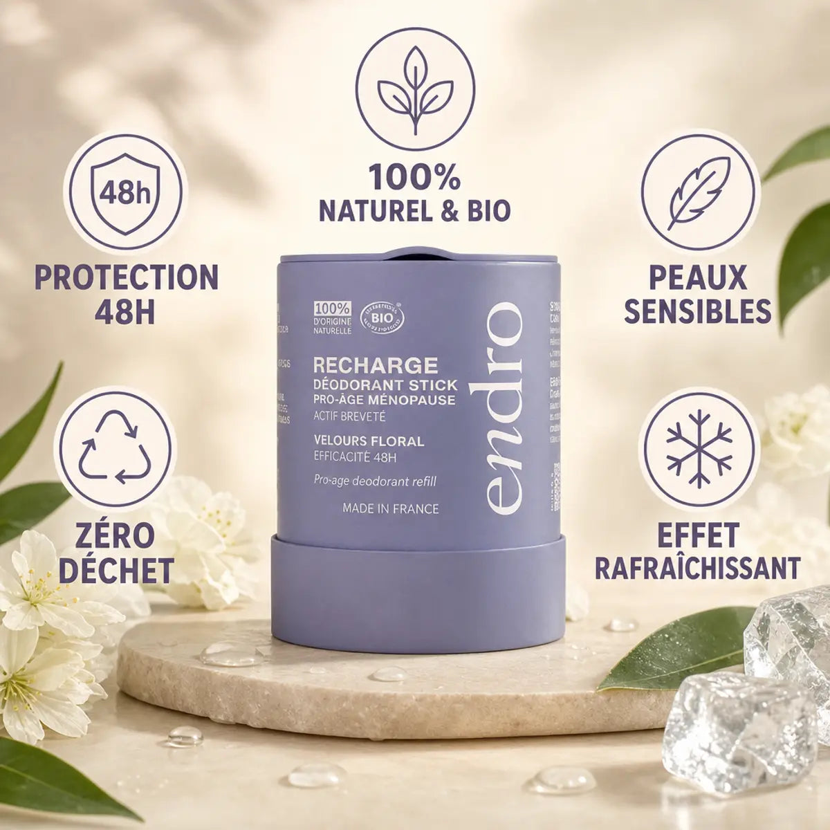 Recharge déodorant stick Endro ménopause - Protection 48h peaux sensibles bio zéro déchet