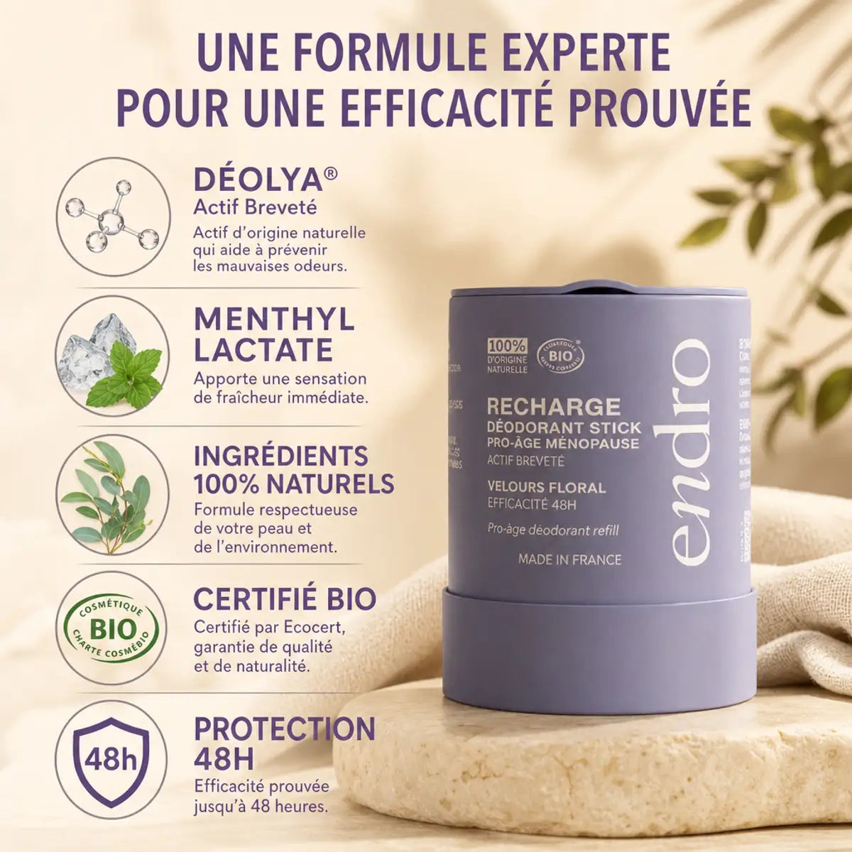 Recharge déodorant stick Endro ménopause avec ingrédients naturels et protection 48h