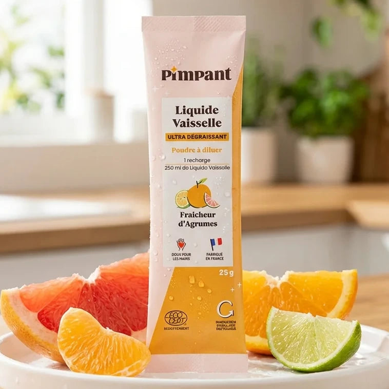 Recharge liquide vaisselle agrumes Pimpant 25g avec agrumes frais et gouttes d'eau