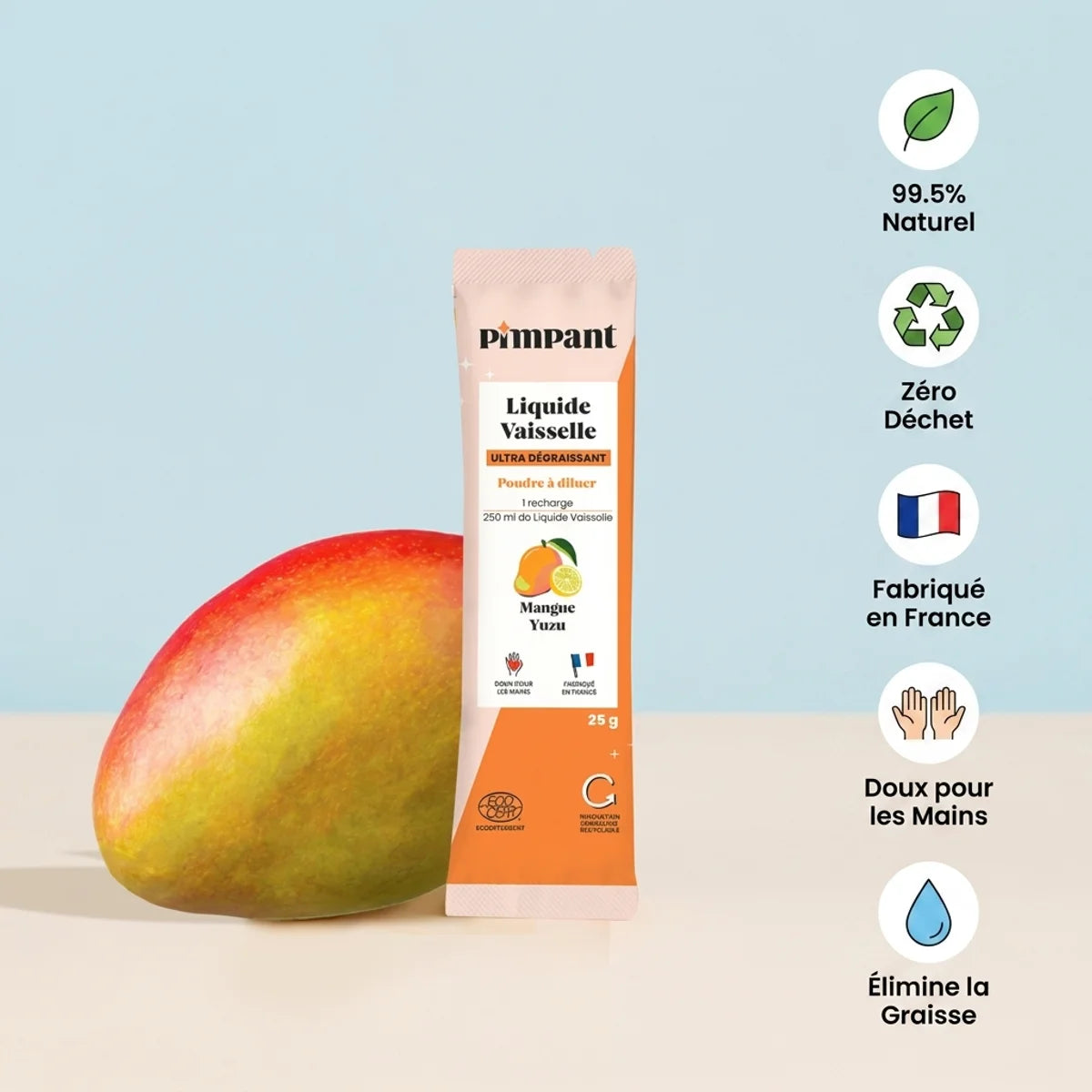 Recharge liquide vaisselle Mangue Pimpant 25g stick avec avantages naturel zéro déchet