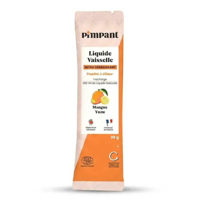 Recharge liquide vaisselle Mangue Pimpant stick 25g packaging crème et orange