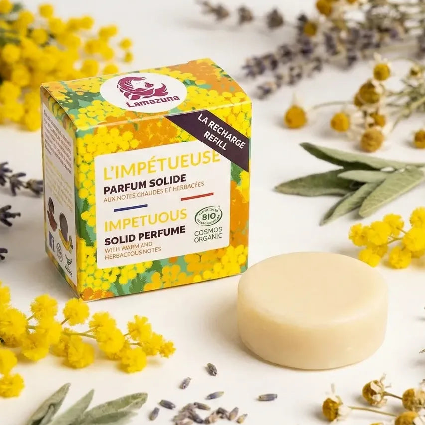 Recharge parfum solide L'Impétueuse Lamazuna 20ml avec fleurs jaunes