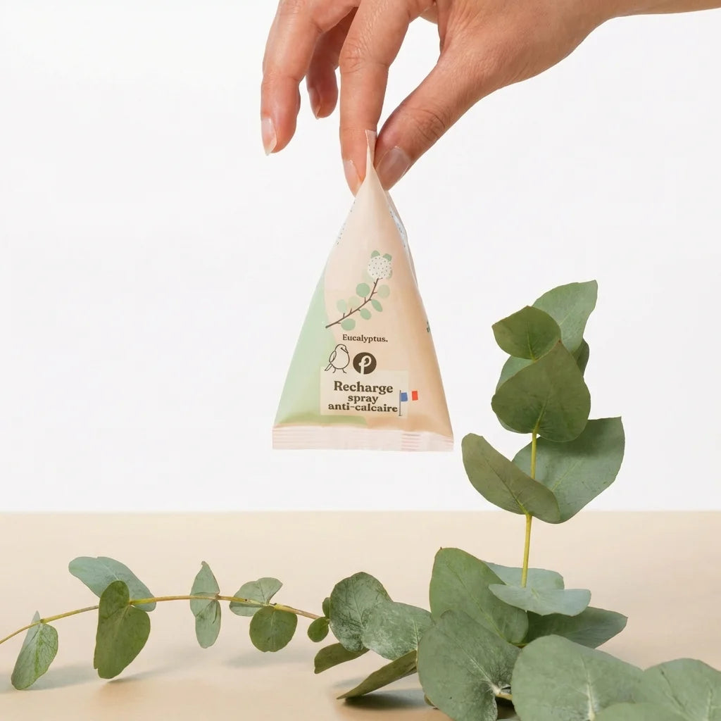 Recharge spray anti-calcaire Pimpant 50g en berlingot écologique tenu en main