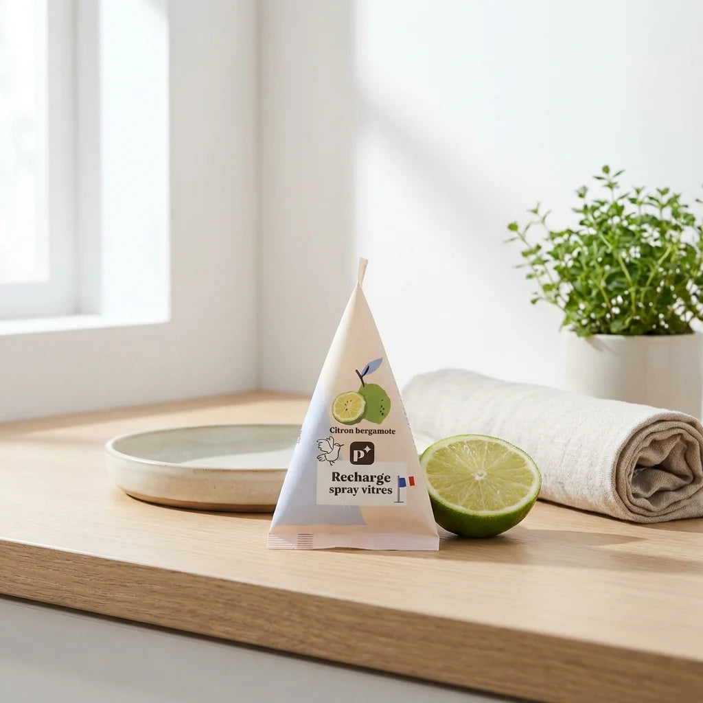 Recharge spray vitres Pimpant Citron Bergamote 50g en berlingot avec demi-citron frais