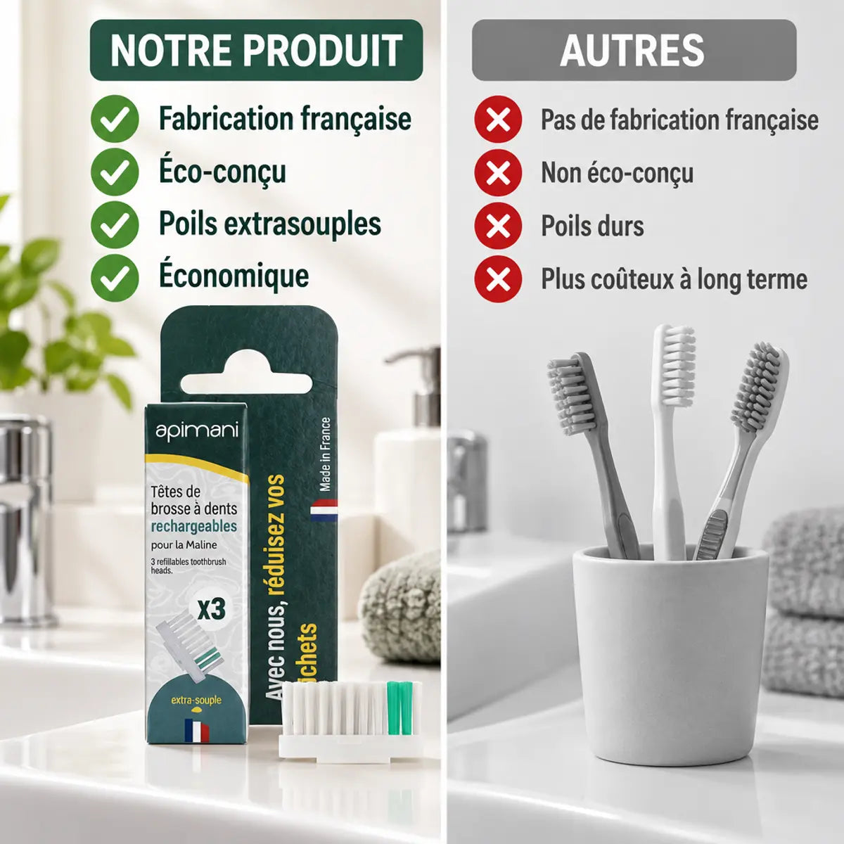 Recharges têtes brosse à dents Apimani x3 extrasouples comparaison produit français éco-conçu