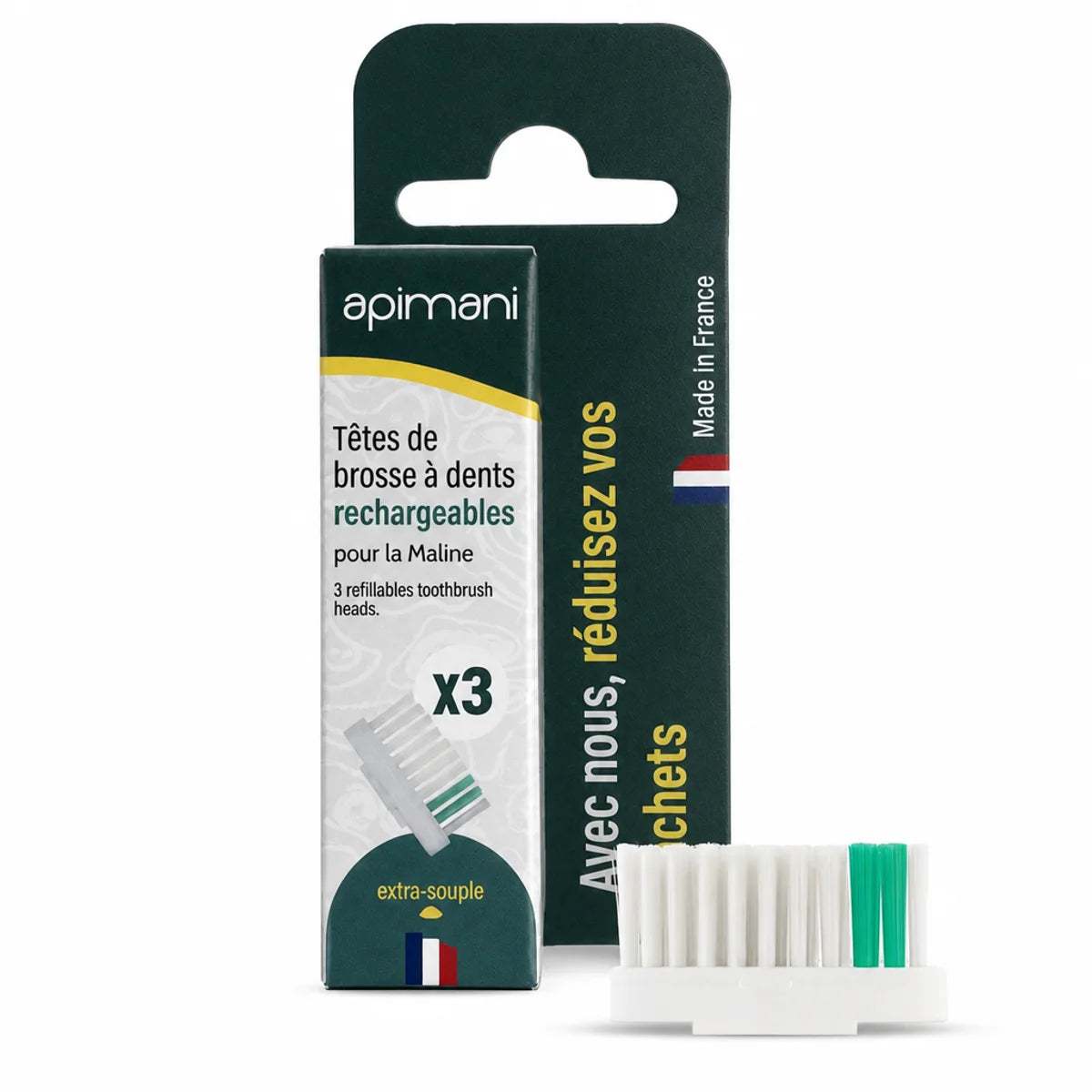 Recharges têtes brosse à dents Apimani x3 extrasouple, boîte verte avec trois têtes blanches et vertes
