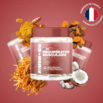 MushnGo Récupération Musculaire - Pot de complément avec capsules Cordyceps, Chaga, Curcuma sur fond bordeaux.