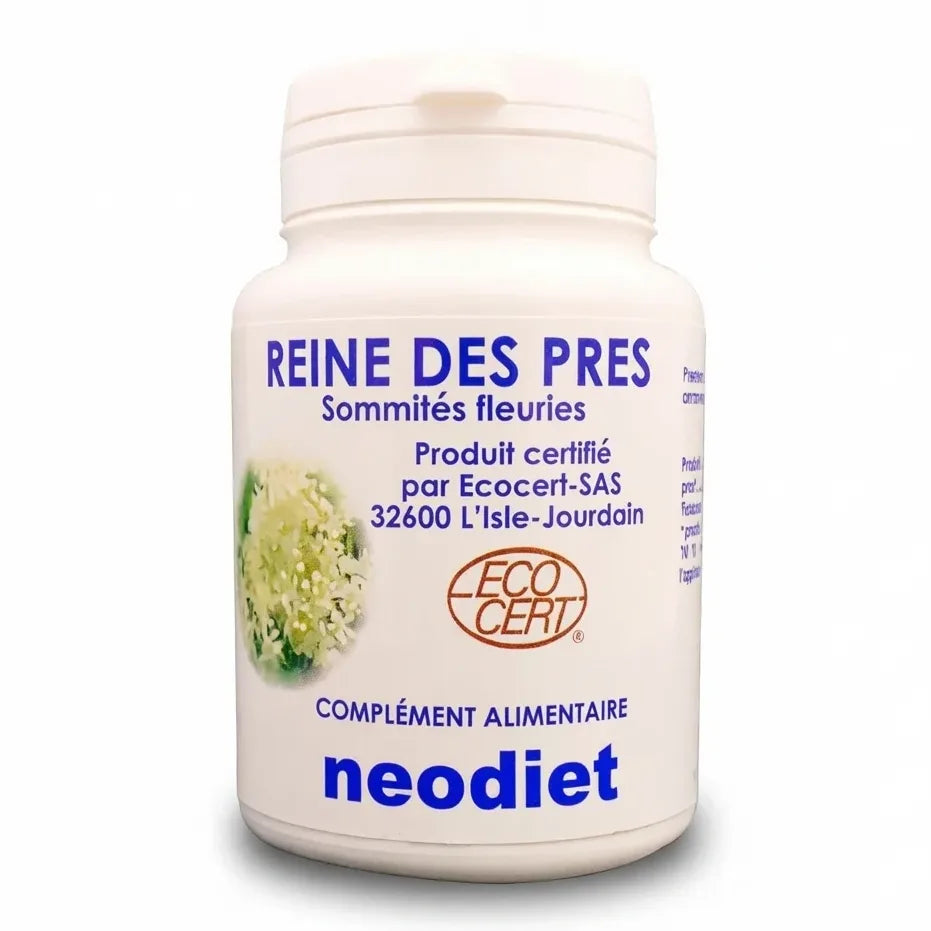 Flacon blanc Reine des prés 100 gélules Vital Osmose avec logo EcoCert et fleur de reine des prés