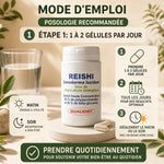 Reishi 500mg Qualidiet - Flacon blanc avec guide posologie, 1 à 2 gélules par jour